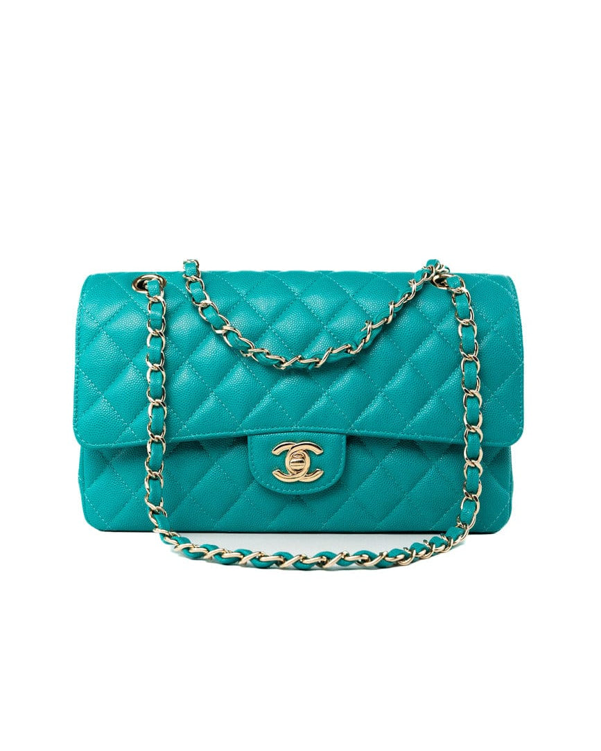 CHANEL Handbag Green 17C Turquoise Caviar Quilted Classic Flap Medium LGHW w/ Edge Stitching -Knockoff
