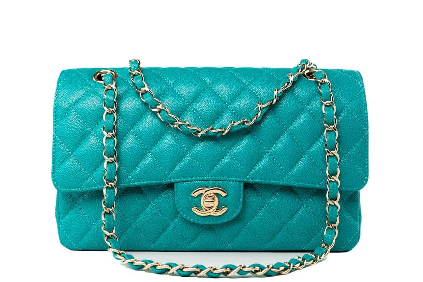 CHANEL Handbag Green 17C Turquoise Caviar Quilted Classic Flap Medium LGHW w/ Edge Stitching -Knockoff
