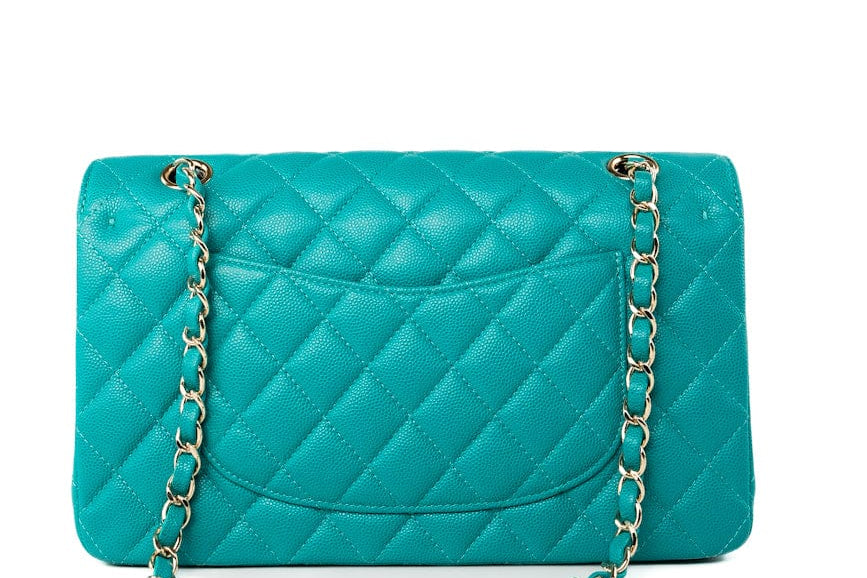 CHANEL Handbag Green 17C Turquoise Caviar Quilted Classic Flap Medium LGHW w/ Edge Stitching -Knockoff
