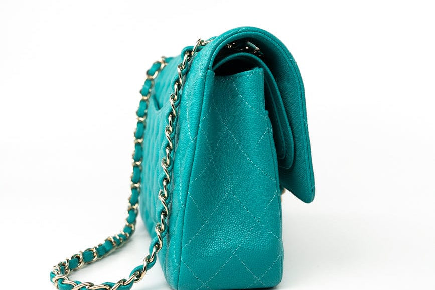 CHANEL Handbag Green 17C Turquoise Caviar Quilted Classic Flap Medium LGHW w/ Edge Stitching -Knockoff
