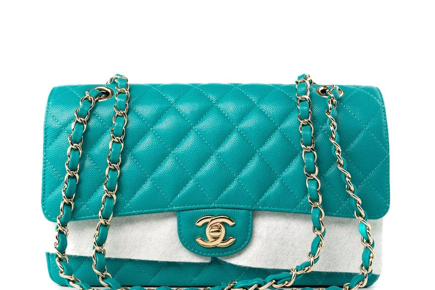 CHANEL Handbag Green 17C Turquoise Caviar Quilted Classic Flap Medium LGHW w/ Edge Stitching -Knockoff
