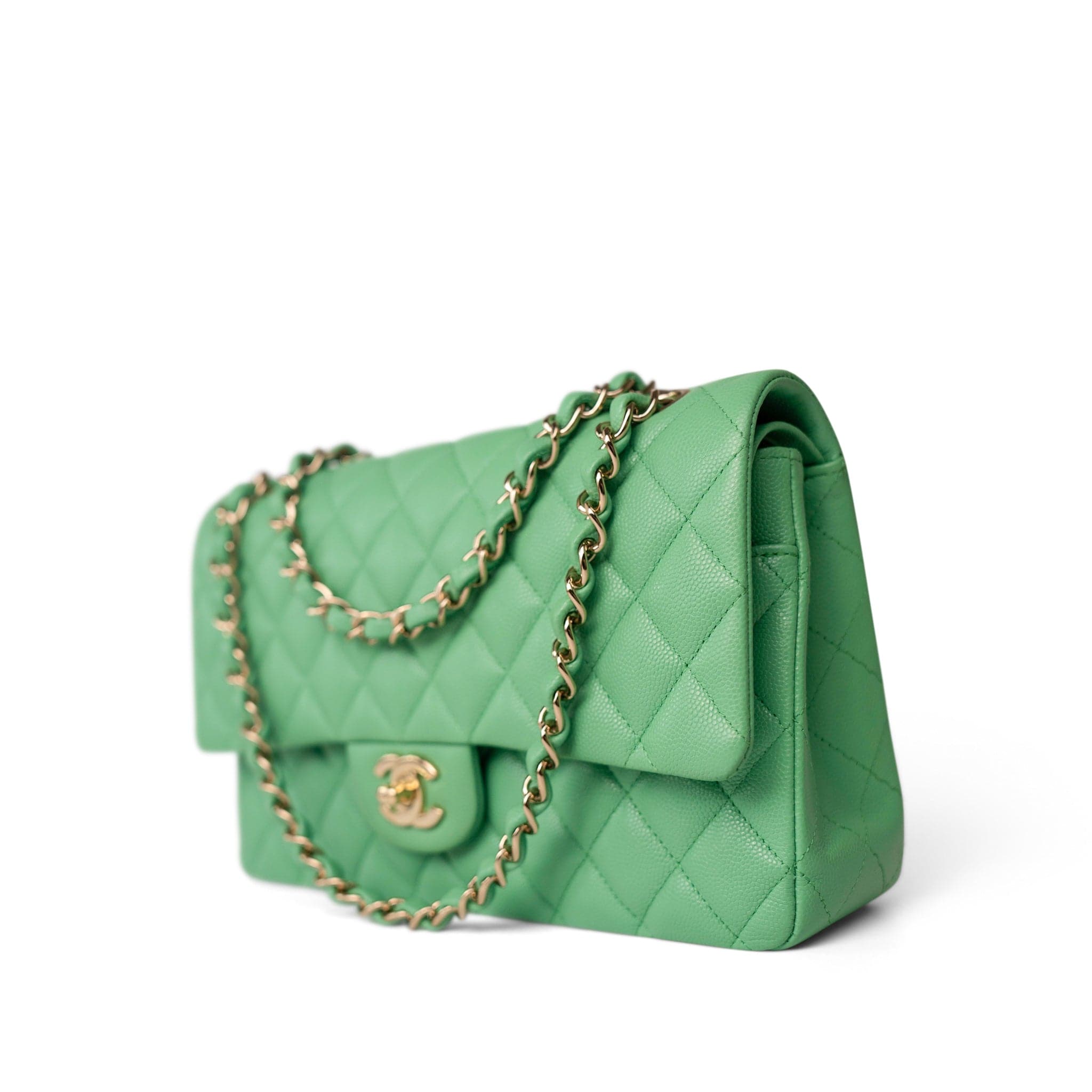 CHANEL Handbag Green 21P Green Caviar Quilted Classic Flap Medium Light Gold Hardware -Knockoff
