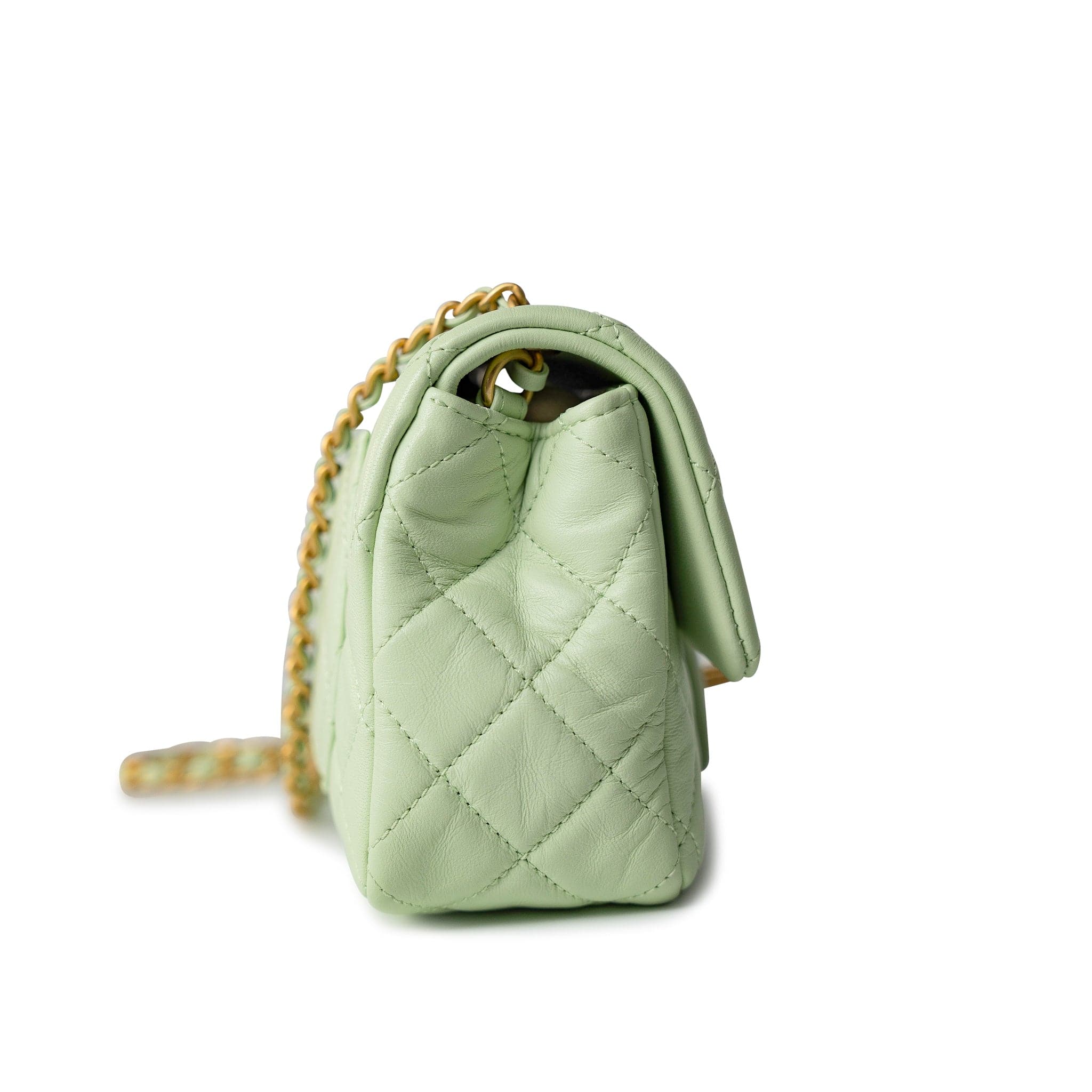 CHANEL Handbag Green 22C Light Green Lambskin Quilted Pearl Crush Mini Rectangular Flap Aged Gold Hardware -Knockoff
