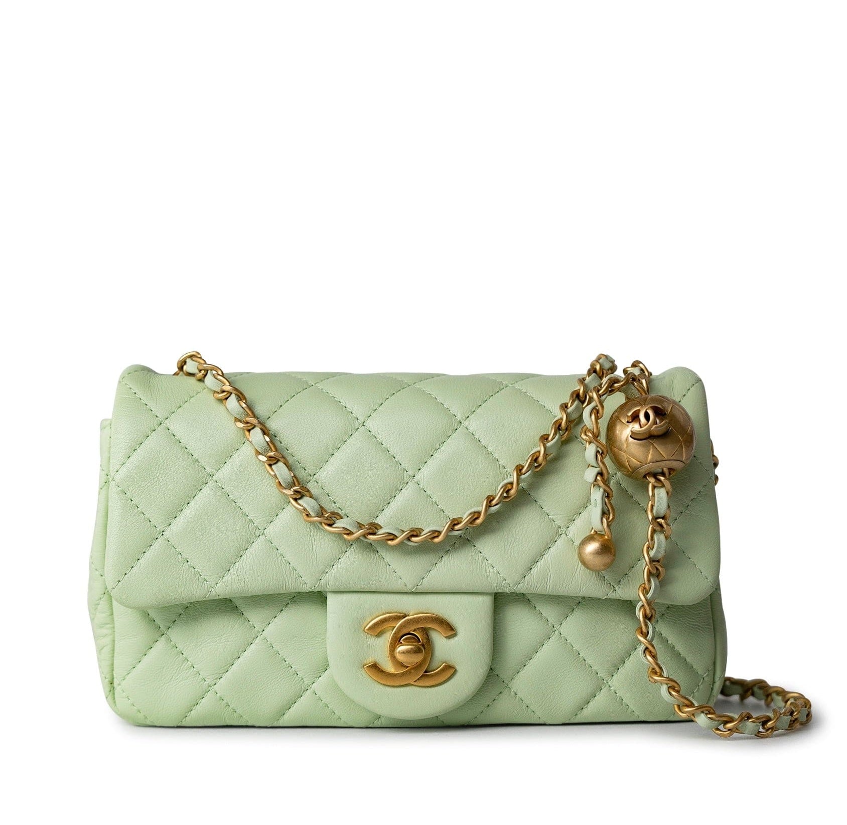 CHANEL Handbag Green 22C Light Green Lambskin Quilted Pearl Crush Mini Rectangular Flap Aged Gold Hardware -Knockoff
