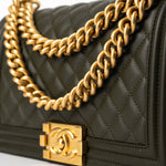 CHANEL Handbag Green Khaki Green Lambskin Quilted Medium Boy Bag Aged Gold Hardware -Knockoff
