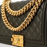 CHANEL Handbag Green Khaki Green Lambskin Quilted Medium Boy Bag Aged Gold Hardware -Knockoff
