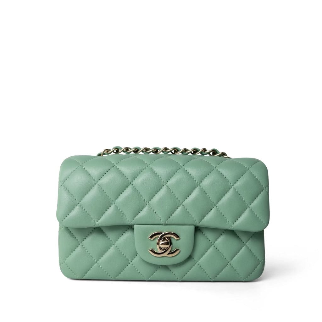 CHANEL Handbag Green Light Green Lambskin Quilted Mini Rectangular Flap -Knockoff
