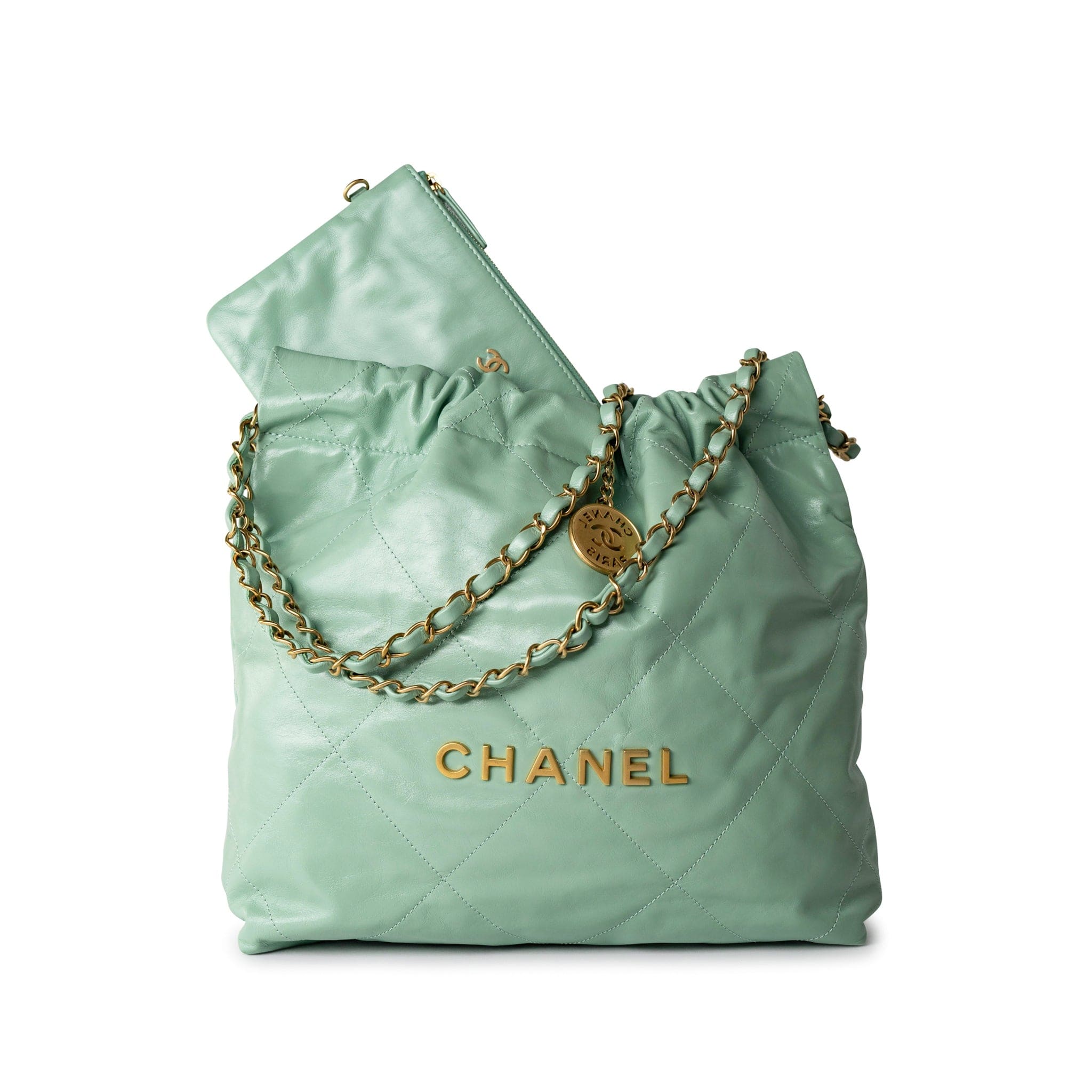 CHANEL Handbag Green Light Green Small Calfskin Quilted 22 Hobo Bag w/ Antique Gold Hardware -Knockoff
