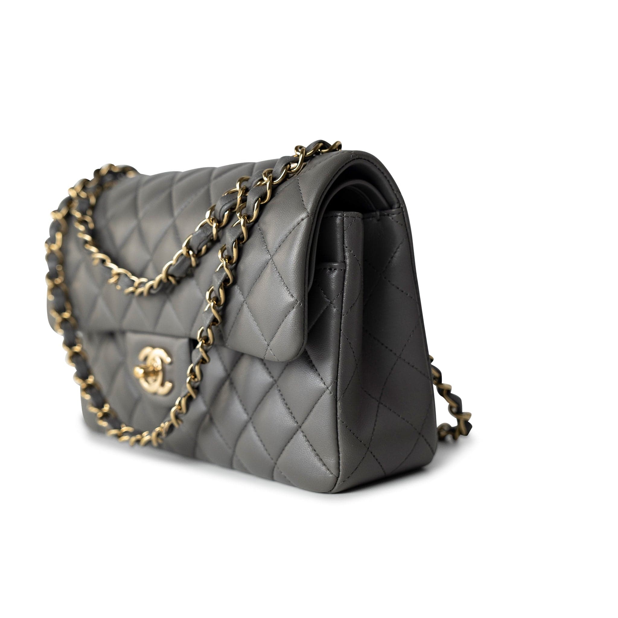 CHANEL Handbag Grey 22A Grey Lambskin Quilted Small Classic Flap Light Gold Hardware -Knockoff
