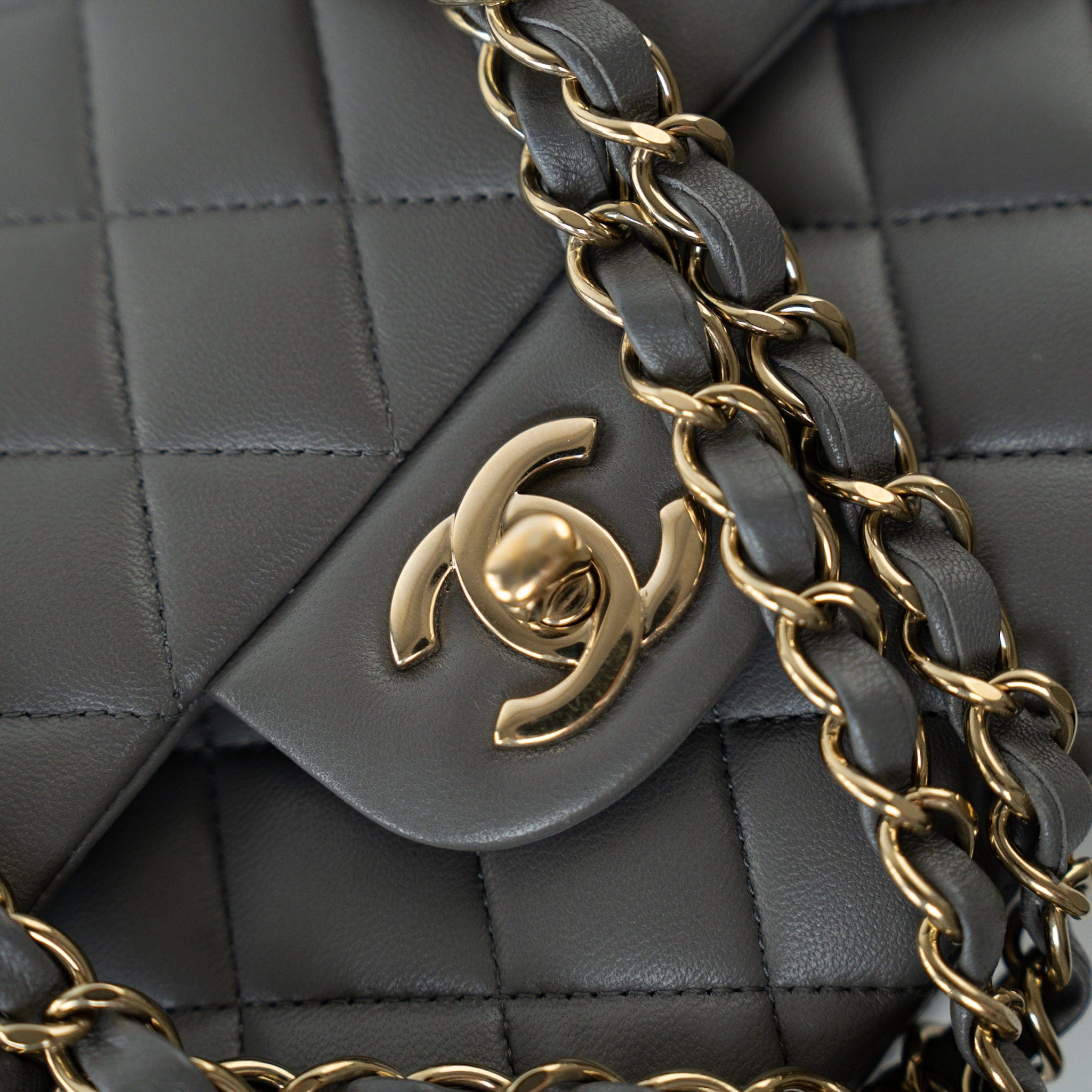 CHANEL Handbag Grey 22A Grey Lambskin Quilted Small Classic Flap Light Gold Hardware -Knockoff
