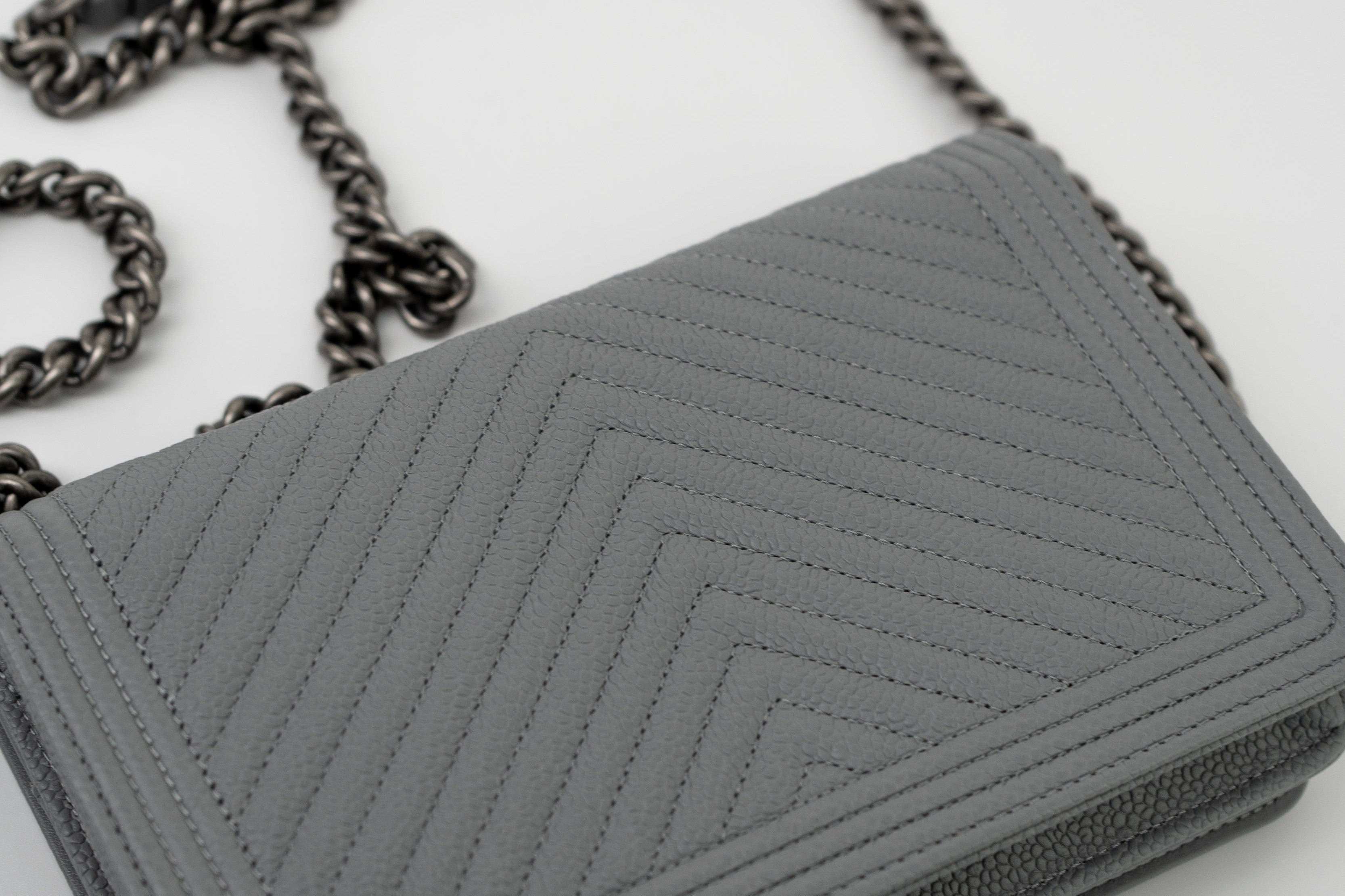 CHANEL Handbag Grey Chanel Grey Caviar Chevron Boy Wallet on Chain Ruthenium Hardware (WOC) -Knockoff
