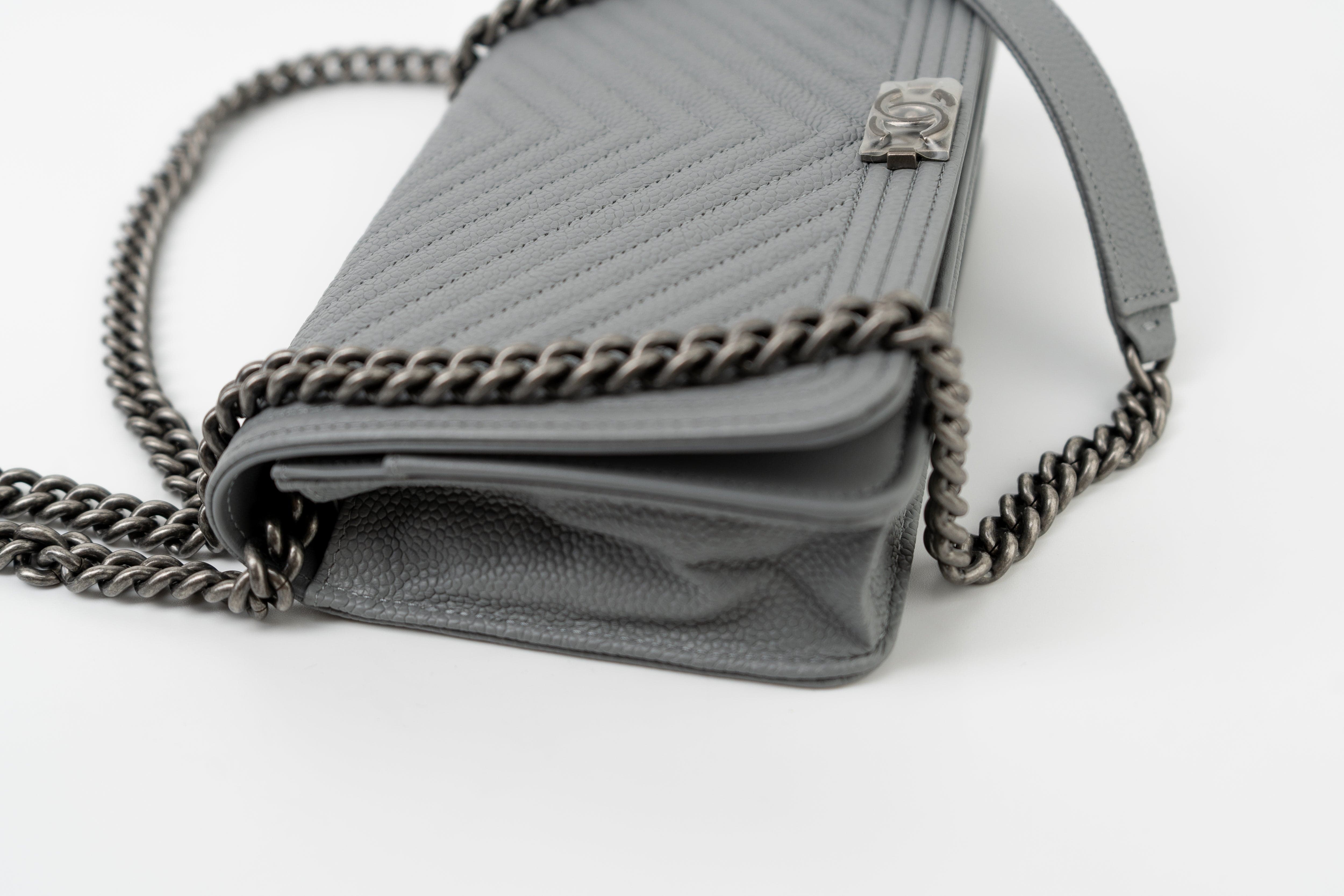 CHANEL Handbag Grey Chanel Grey Caviar Chevron Boy Wallet on Chain Ruthenium Hardware (WOC) -Knockoff
