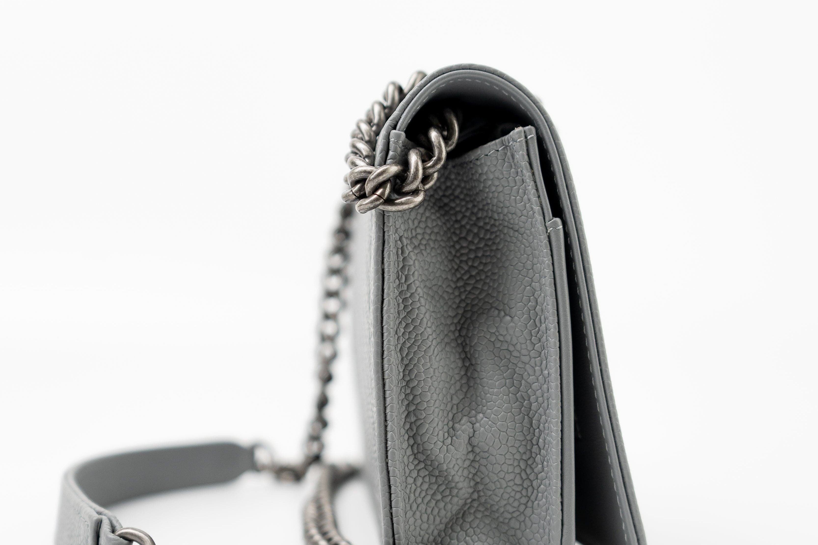 CHANEL Handbag Grey Chanel Grey Caviar Chevron Boy Wallet on Chain Ruthenium Hardware (WOC) -Knockoff
