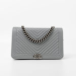 CHANEL Handbag Grey Chanel Grey Caviar Chevron Boy Wallet on Chain Ruthenium Hardware (WOC) -Knockoff
