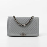 CHANEL Handbag Grey Chanel Grey Caviar Chevron Boy Wallet on Chain Ruthenium Hardware (WOC) -Knockoff
