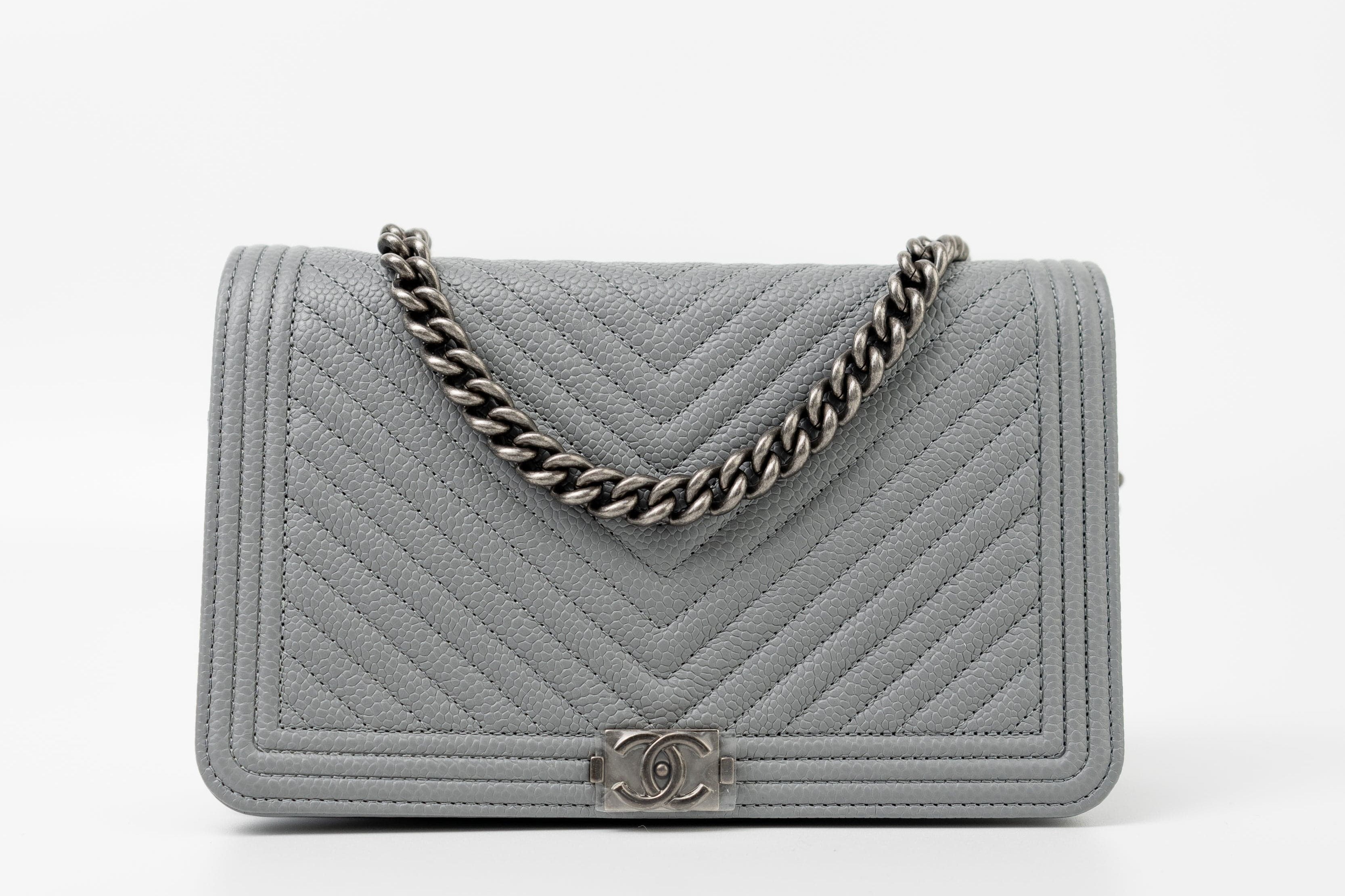 CHANEL Handbag Grey Chanel Grey Caviar Chevron Boy Wallet on Chain Ruthenium Hardware (WOC) -Knockoff
