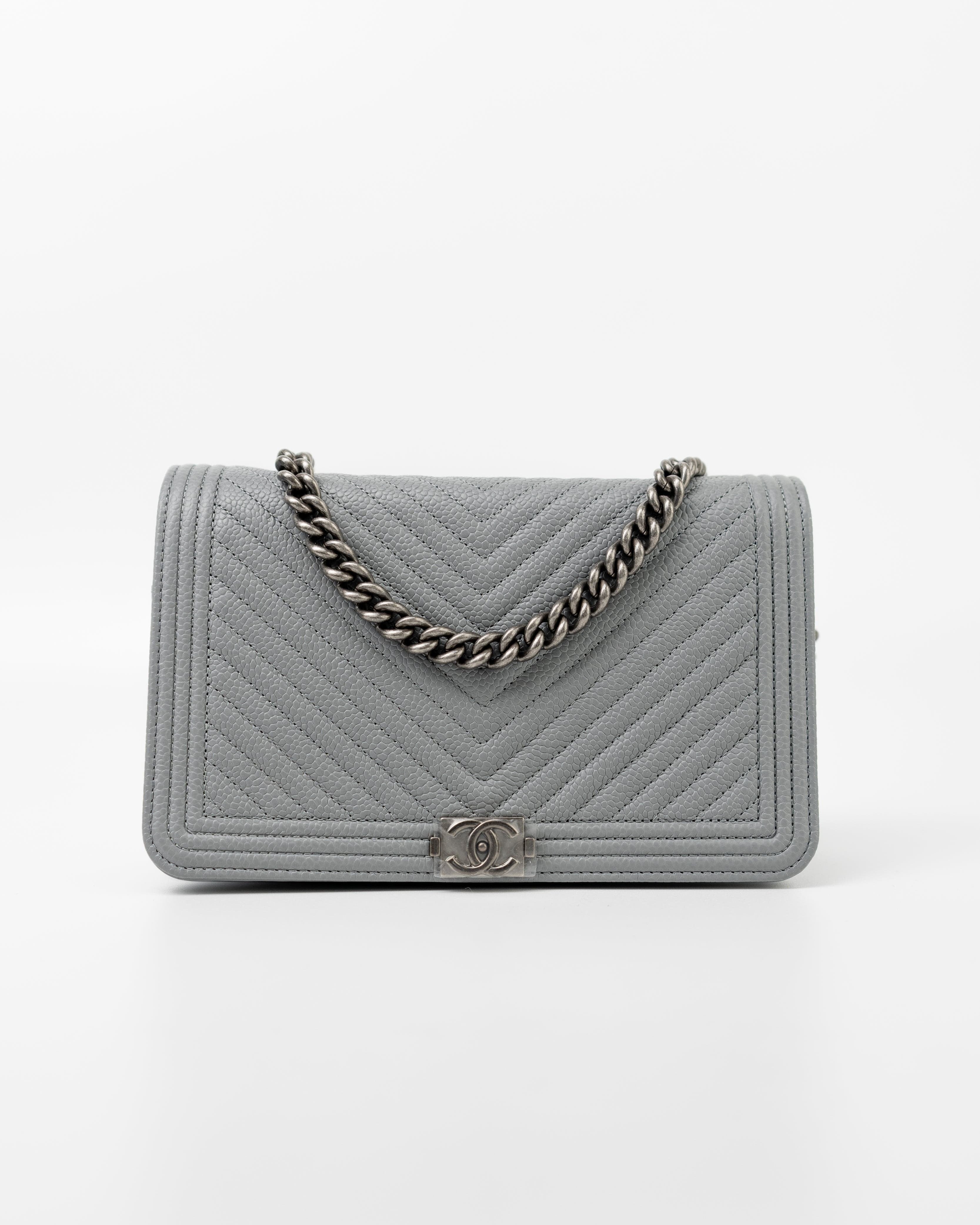 CHANEL Handbag Grey Chanel Grey Caviar Chevron Boy Wallet on Chain Ruthenium Hardware (WOC) -Knockoff
