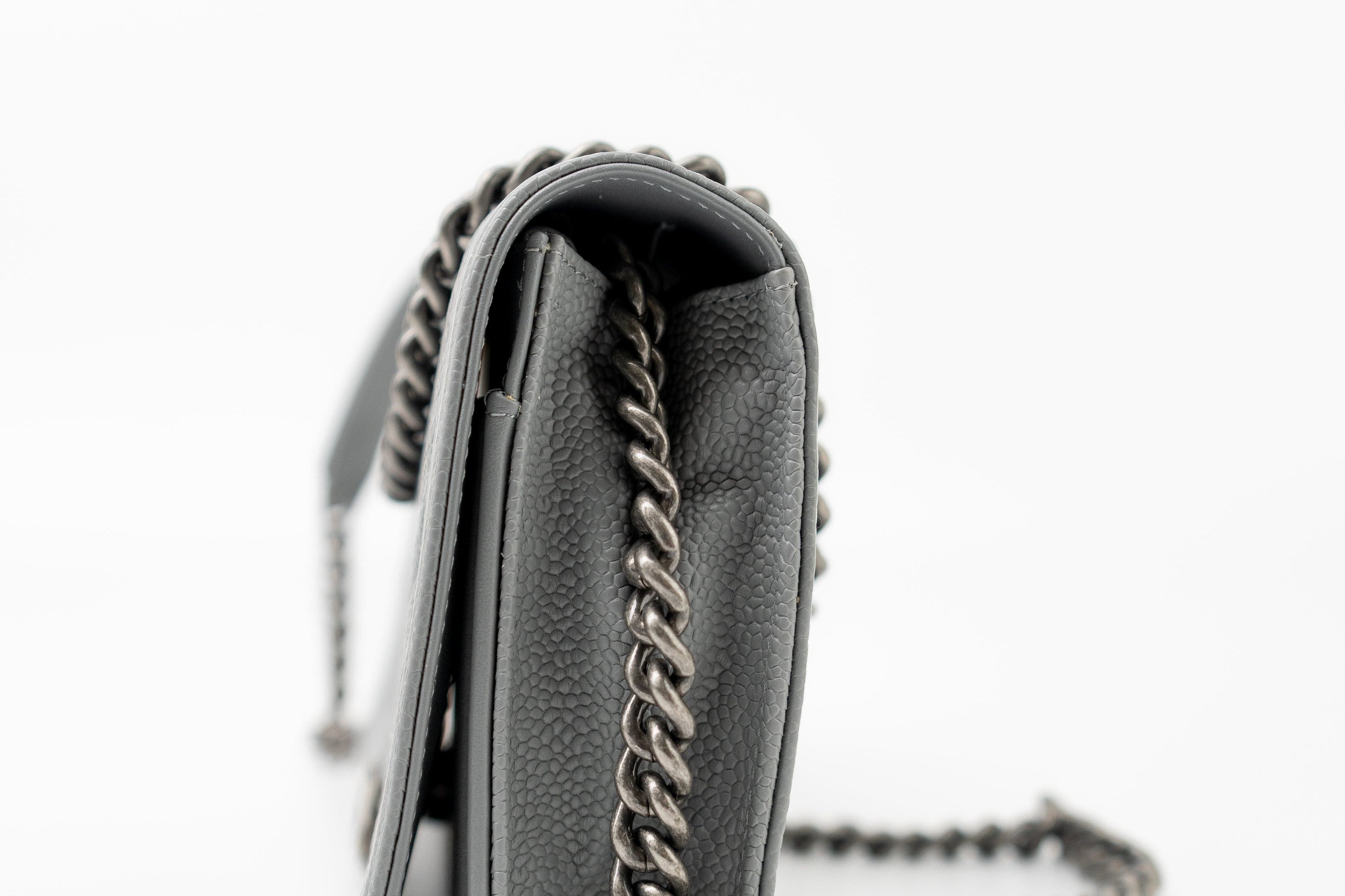 CHANEL Handbag Grey Chanel Grey Caviar Chevron Boy Wallet on Chain Ruthenium Hardware (WOC) -Knockoff
