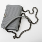 CHANEL Handbag Grey Chanel Grey Caviar Chevron Boy Wallet on Chain Ruthenium Hardware (WOC) -Knockoff
