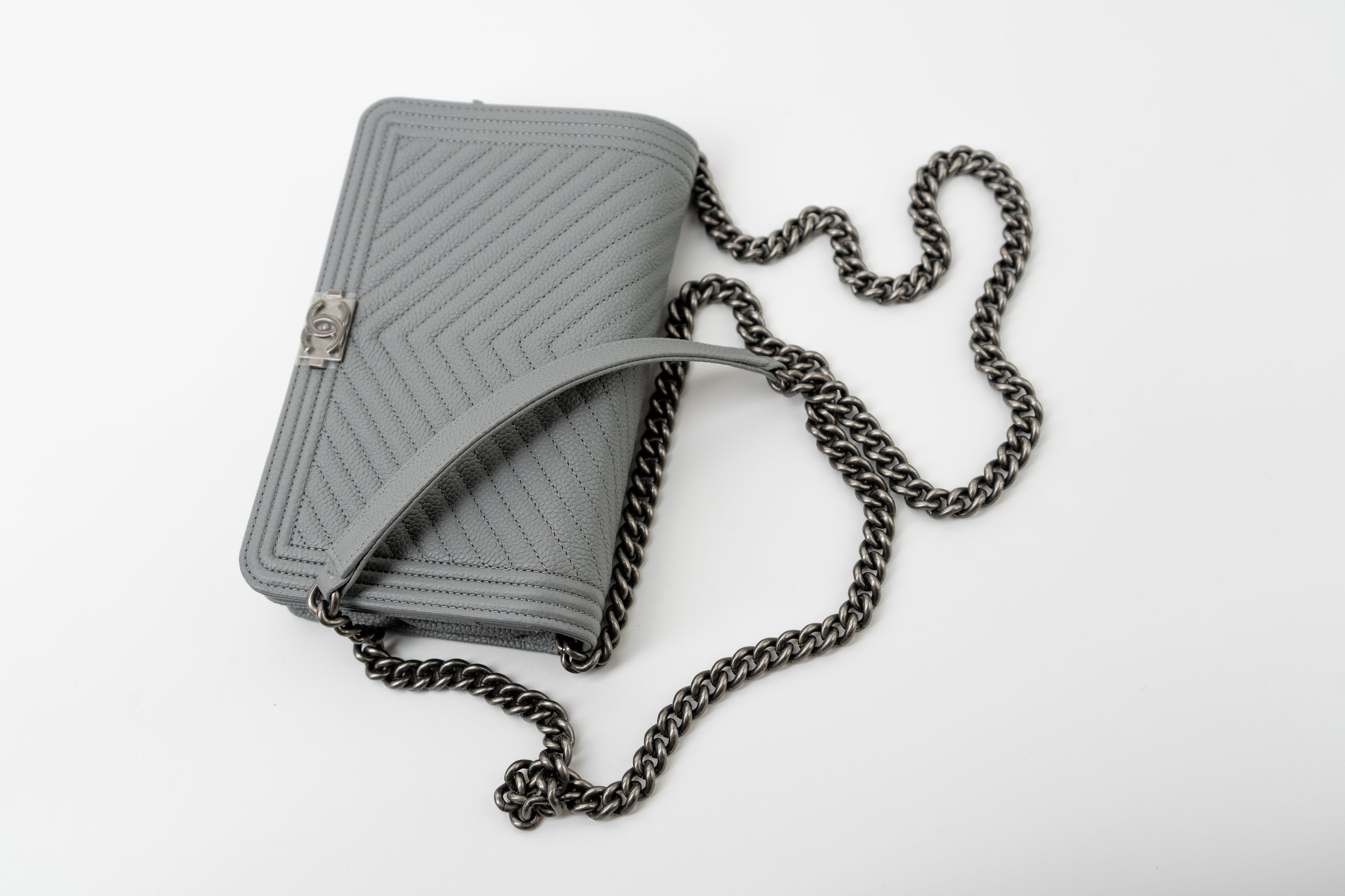 CHANEL Handbag Grey Chanel Grey Caviar Chevron Boy Wallet on Chain Ruthenium Hardware (WOC) -Knockoff
