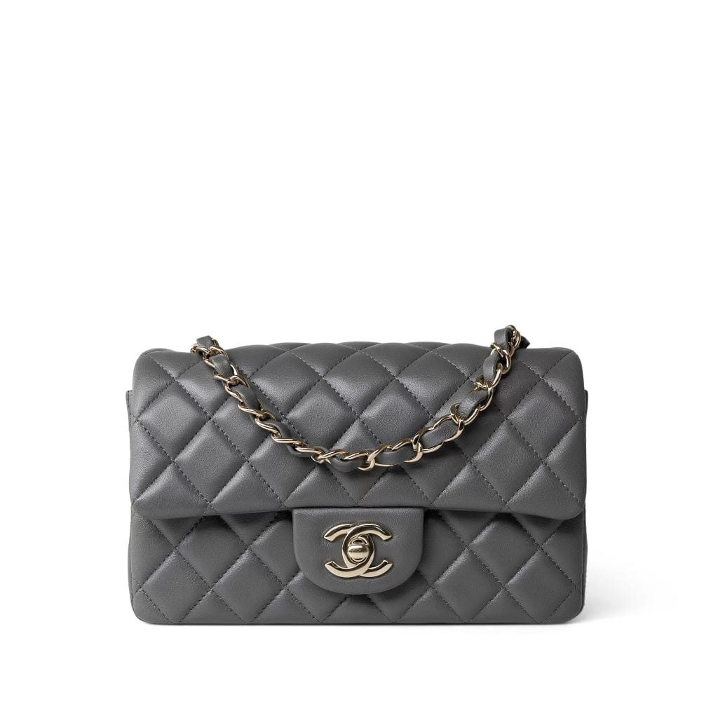 CHANEL Handbag Grey Dark Grey Lambskin Quilted Mini Rectangular Flap Light Gold Hardware -Knockoff
