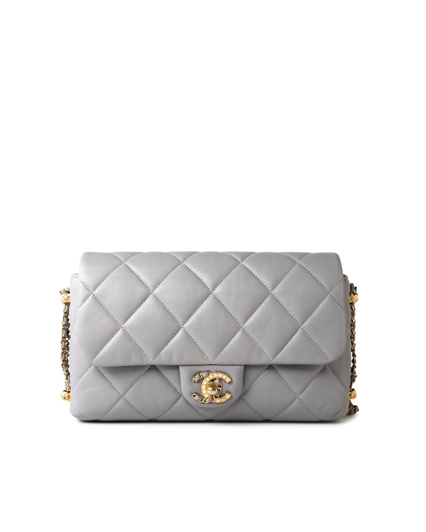 CHANEL Handbag Grey Grey Lambskin Quilted Crush on Chains Single Flap Bag Antique Gold Hardware -Knockoff
