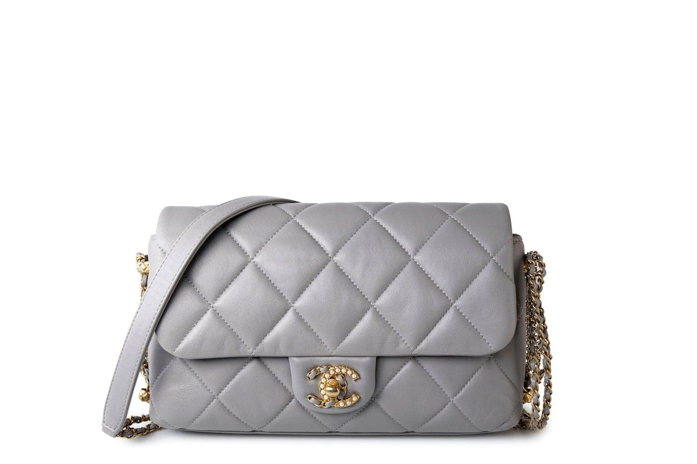 CHANEL Handbag Grey Grey Lambskin Quilted Crush on Chains Single Flap Bag Antique Gold Hardware -Knockoff
