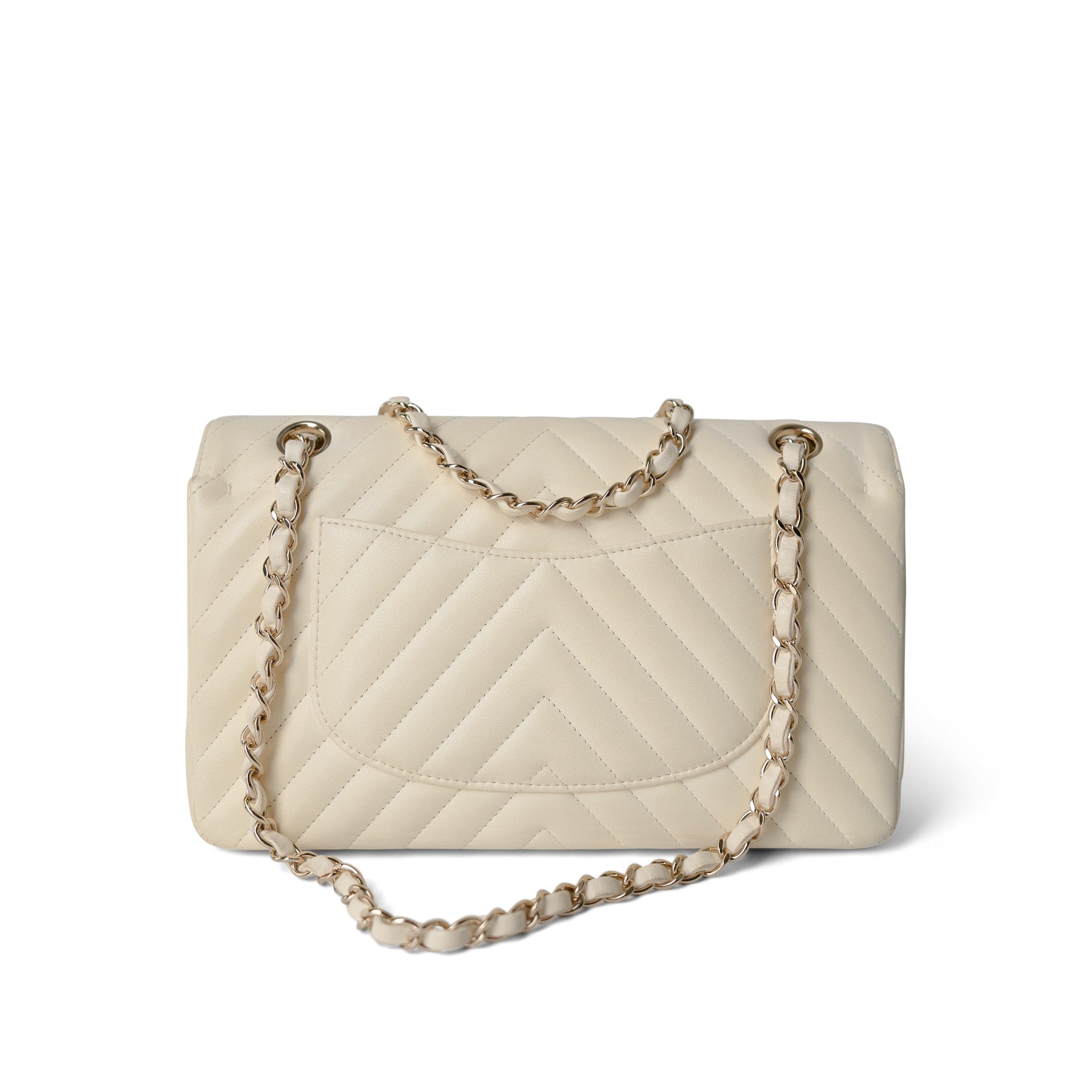 CHANEL Handbag Ivory / Classic flap 18C Ivory Chevron Lambskin Medium Classic Flap Light Gold Hardware -Knockoff
