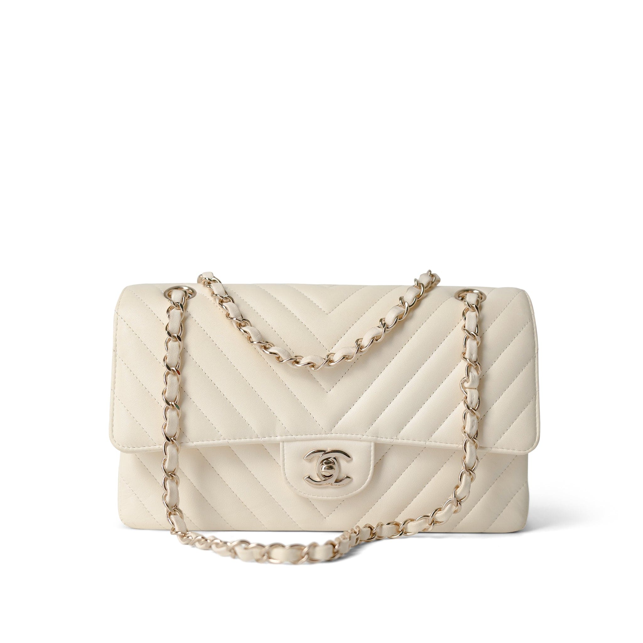 CHANEL Handbag Ivory / Classic flap 18C Ivory Chevron Lambskin Medium Classic Flap Light Gold Hardware -Knockoff
