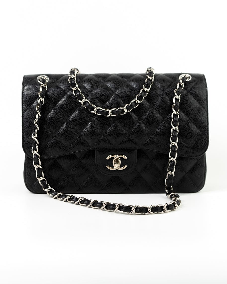 CHANEL Handbag Jumbo Black Caviar Quilted Classic Flap Silver Hardware -Knockoff
