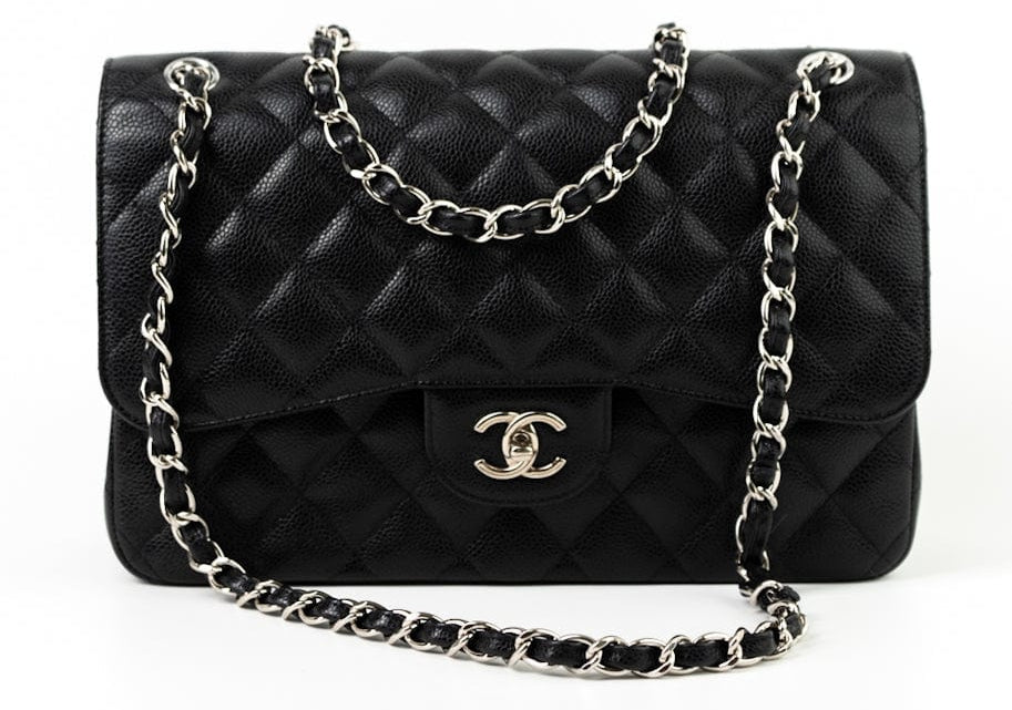 CHANEL Handbag Jumbo Black Caviar Quilted Classic Flap Silver Hardware -Knockoff
