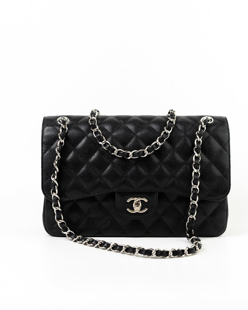 CHANEL Handbag Jumbo Black Caviar Quilted Classic Flap Silver Hardware -Knockoff
