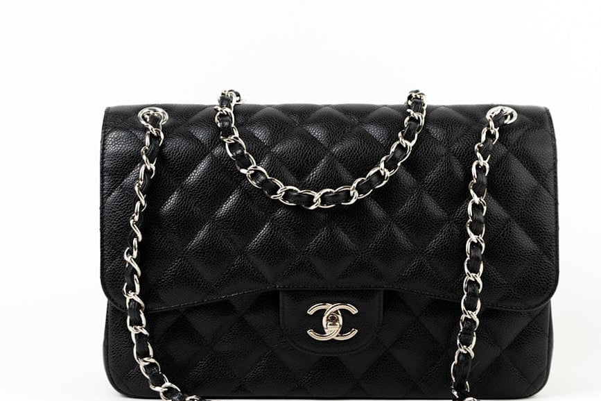 CHANEL Handbag Jumbo Black Caviar Quilted Classic Flap Silver Hardware -Knockoff
