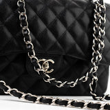 CHANEL Handbag Jumbo Black Caviar Quilted Classic Flap Silver Hardware -Knockoff
