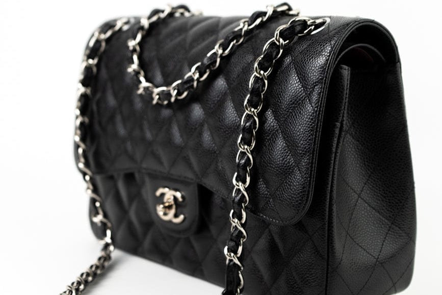 CHANEL Handbag Jumbo Black Caviar Quilted Classic Flap Silver Hardware -Knockoff
