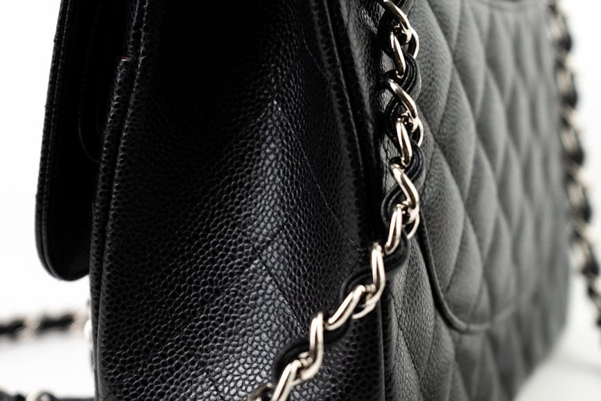 CHANEL Handbag Jumbo Black Caviar Quilted Classic Flap Silver Hardware -Knockoff
