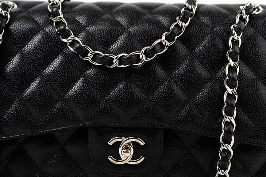 CHANEL Handbag Jumbo Black Caviar Quilted Classic Flap Silver Hardware -Knockoff
