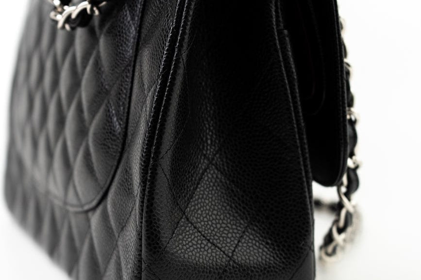 CHANEL Handbag Jumbo Black Caviar Quilted Classic Flap Silver Hardware -Knockoff
