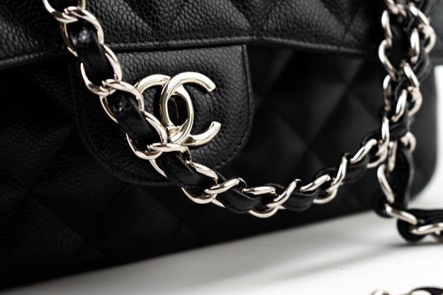 CHANEL Handbag Jumbo Black Caviar Quilted Classic Flap Silver Hardware -Knockoff
