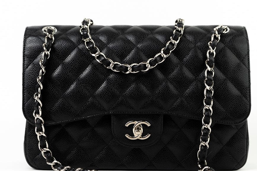 CHANEL Handbag Jumbo Black Caviar Quilted Classic Flap Silver Hardware -Knockoff
