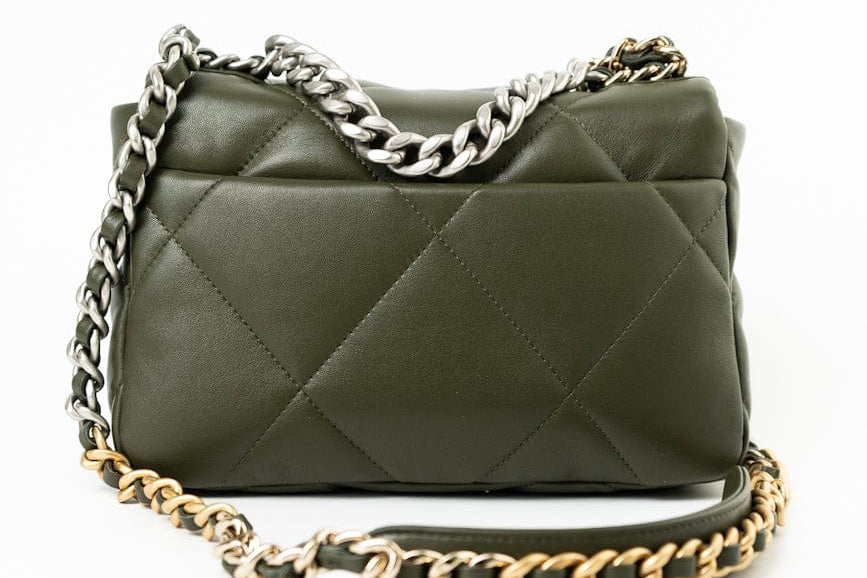 CHANEL Handbag Khaki/ Olive Green Lambskin Quilted 19 Flap Small -Knockoff
