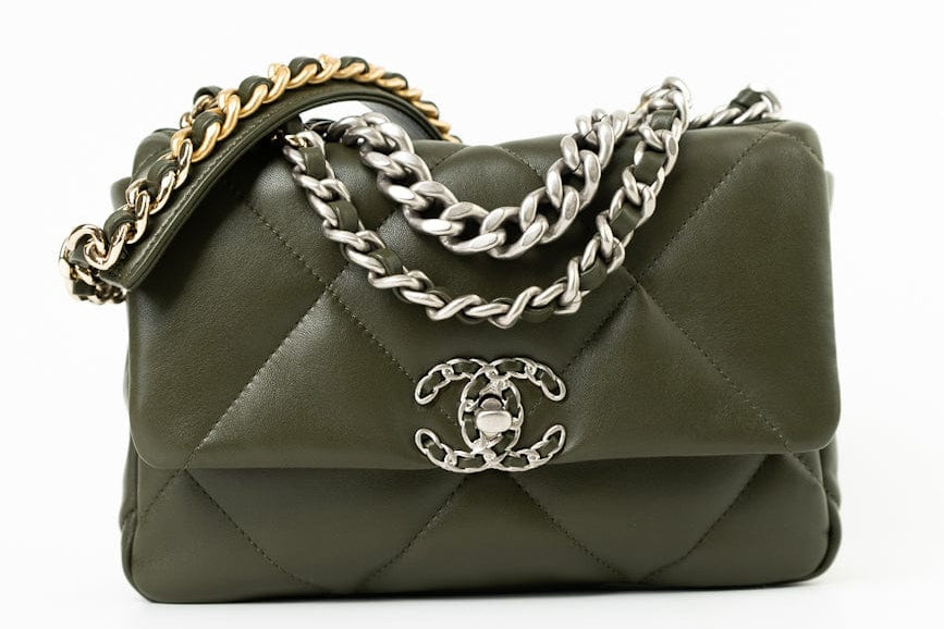 CHANEL Handbag Khaki/ Olive Green Lambskin Quilted 19 Flap Small -Knockoff
