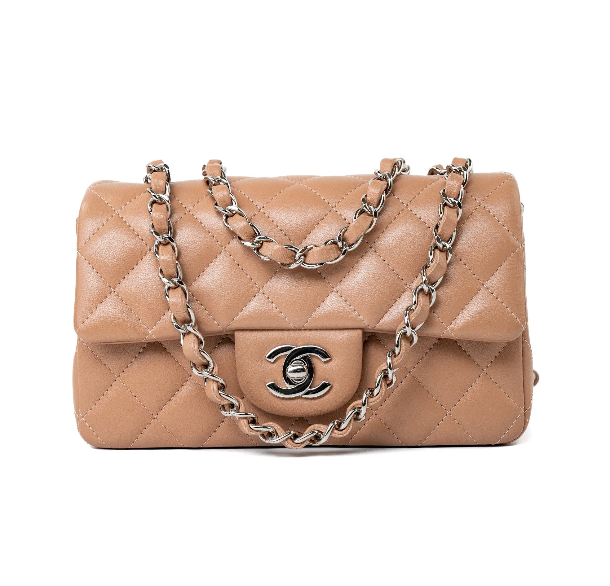 CHANEL Handbag Light Caramel Lambskin Quilted Mini Rectangular Flap Silver Hardware -Knockoff
