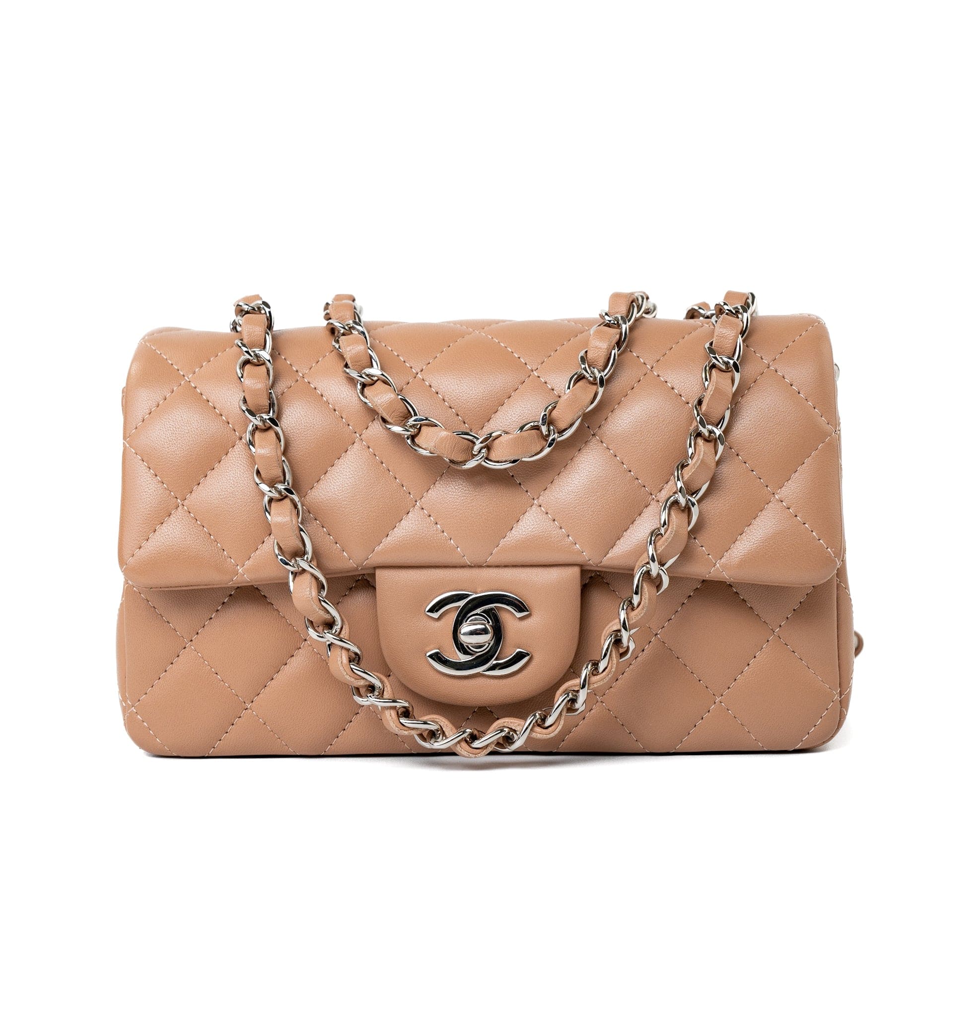 CHANEL Handbag Light Caramel Lambskin Quilted Mini Rectangular Flap Silver Hardware -Knockoff
