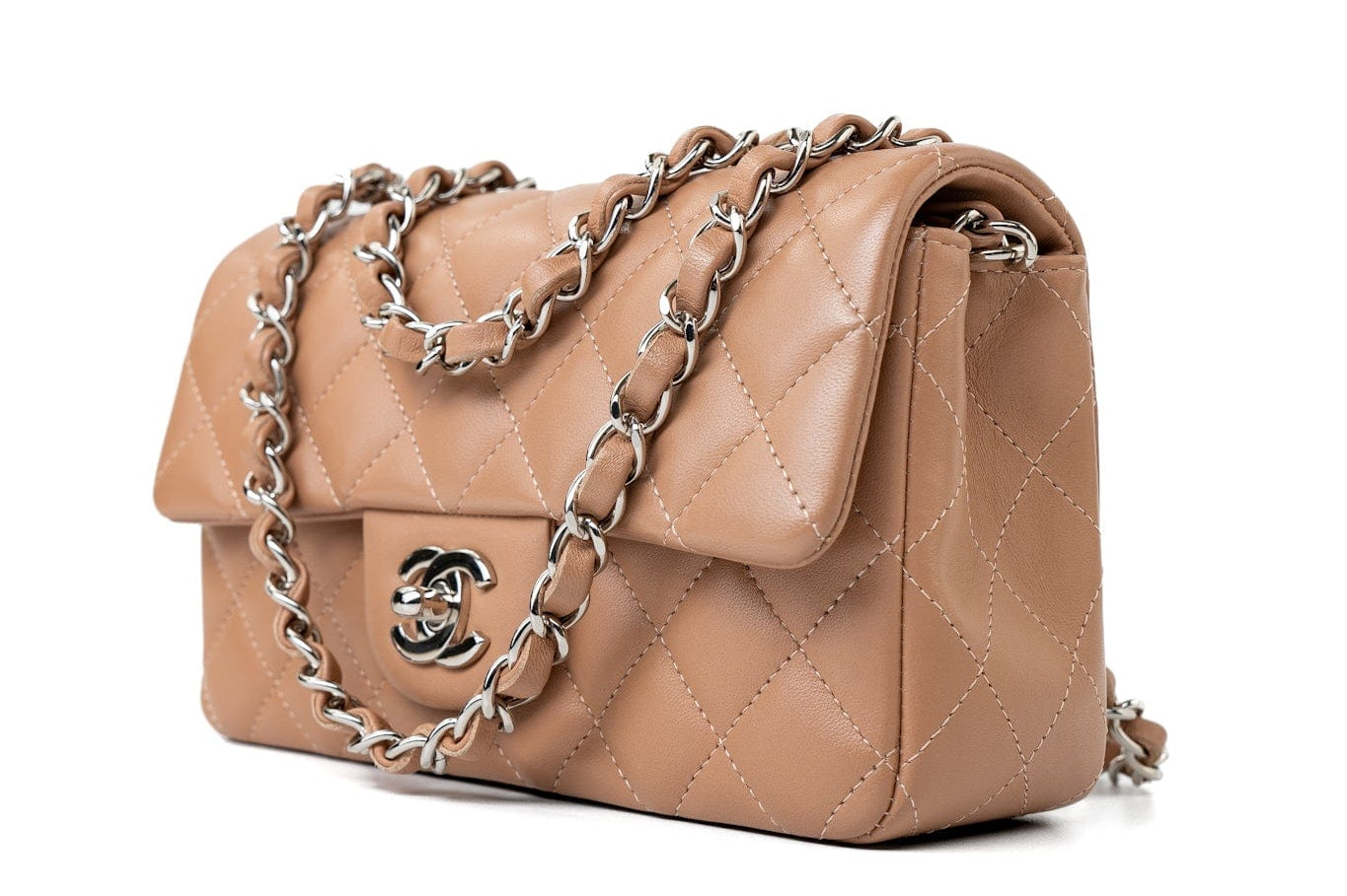 CHANEL Handbag Light Caramel Lambskin Quilted Mini Rectangular Flap Silver Hardware -Knockoff
