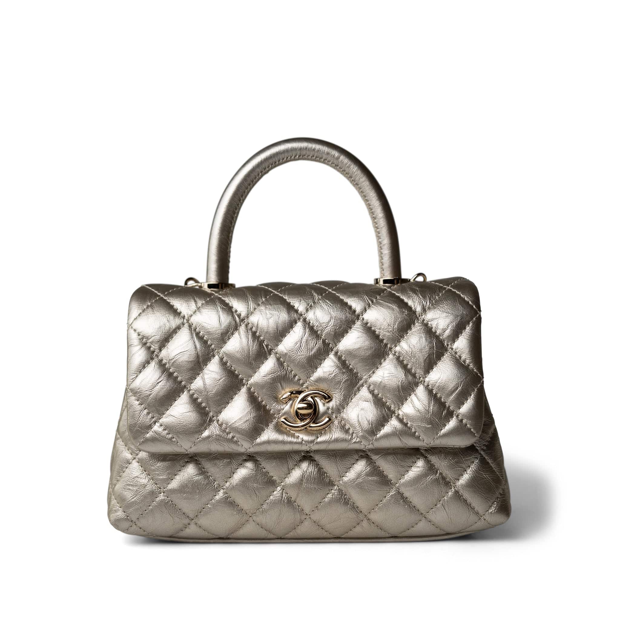 CHANEL Handbag Metallic 20A Metallic Aged Calfskin Quilted Mini Coco Handle Light Gold Hardware -Knockoff
