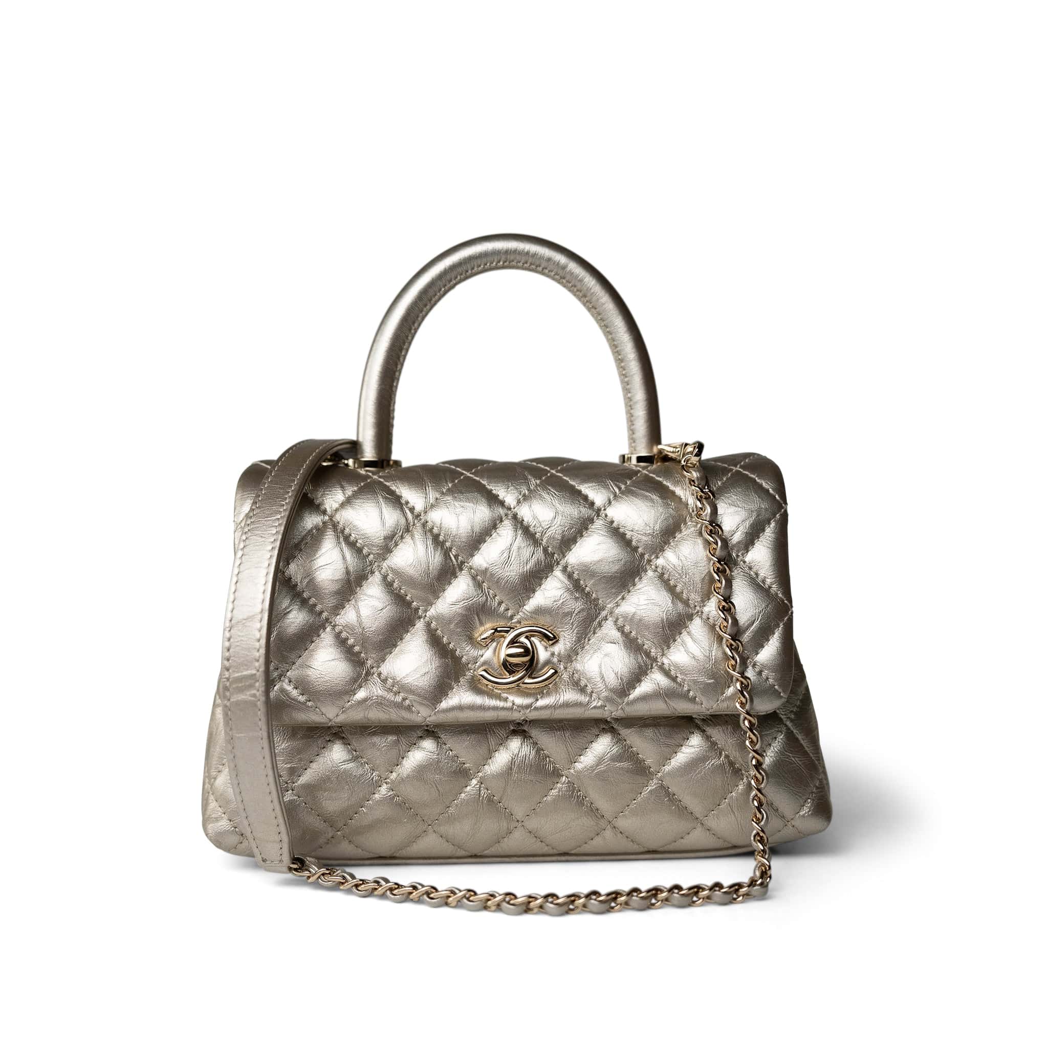 CHANEL Handbag Metallic 20A Metallic Aged Calfskin Quilted Mini Coco Handle Light Gold Hardware -Knockoff
