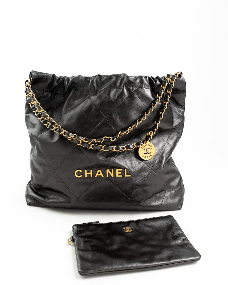 CHANEL Handbag Metallic Charcoal Calfskin Quilted  22 Bag Medium Aged Gold Hardware -Knockoff
