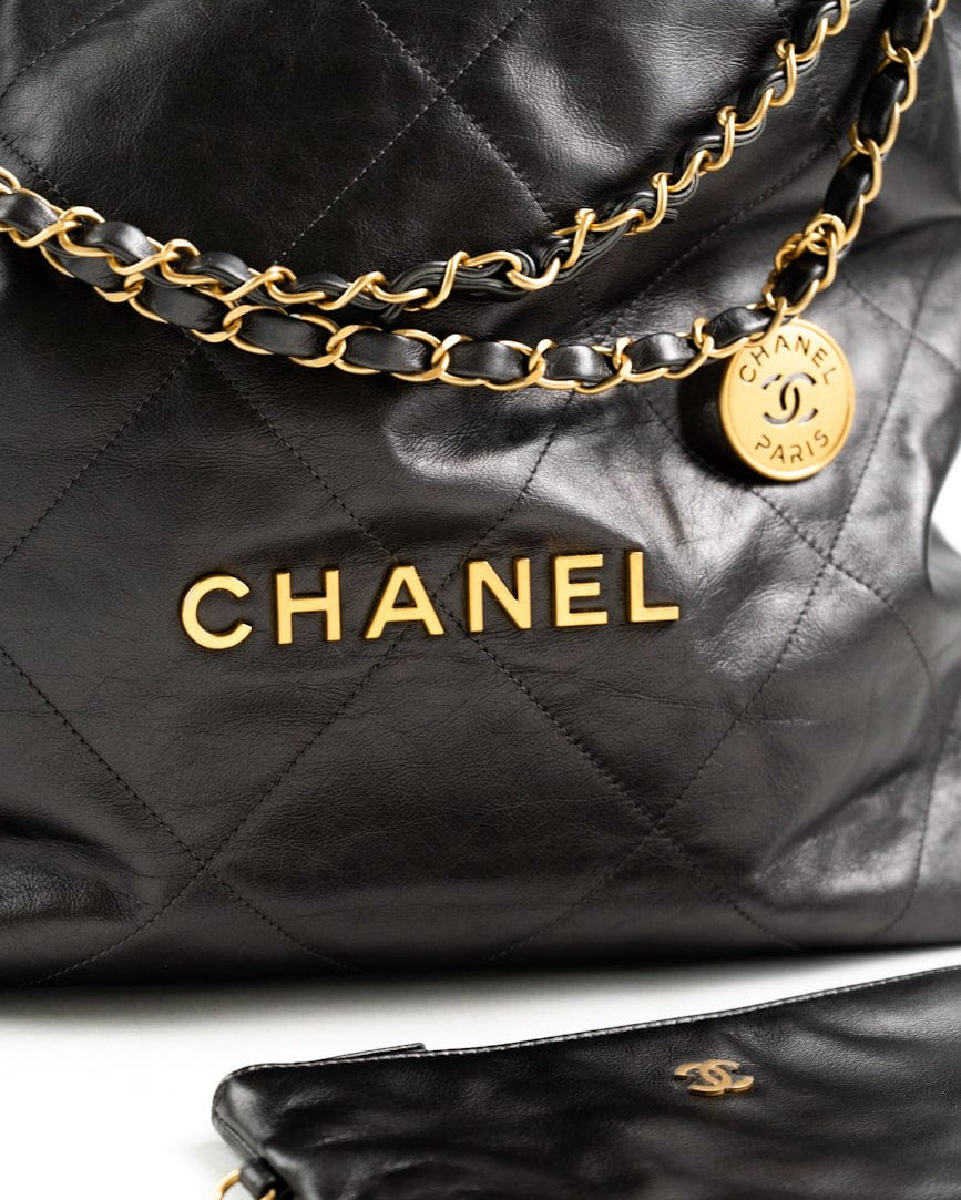 CHANEL Handbag Metallic Charcoal Calfskin Quilted  22 Bag Medium Aged Gold Hardware -Knockoff
