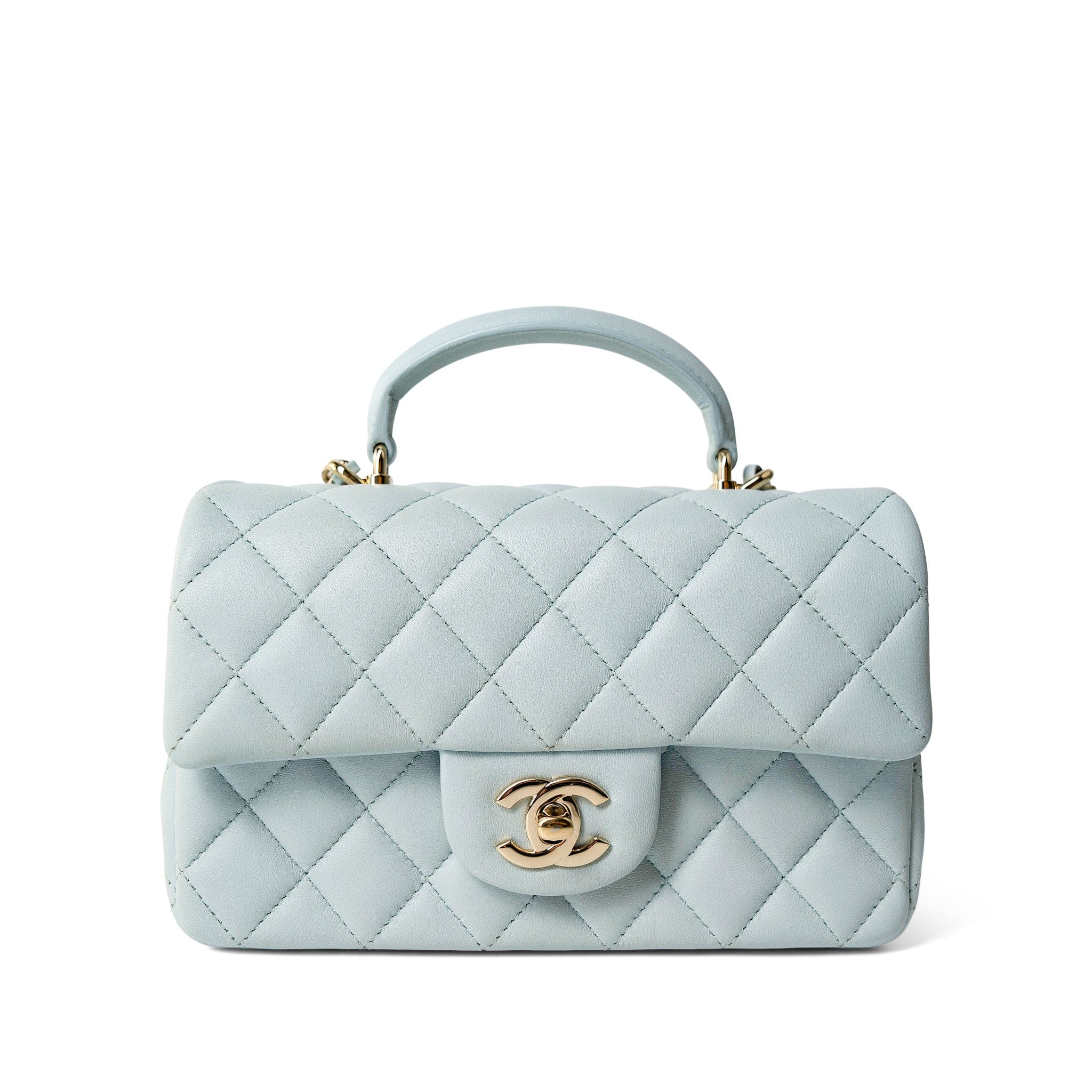 CHANEL Handbag Mini top handle / Blue Light Blue Lambskin Quilted Mini Top Handle Light Gold Hardware -Knockoff
